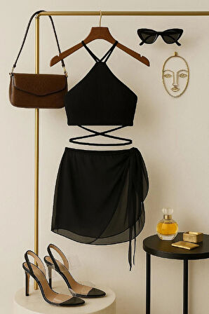 Kadın Siyah Çapraz Bağlamalı Crop ve Pareo 2'li Set