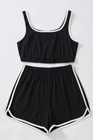 Kadın Siyah Askılı Crop Top ve Şortlu Gecelik Takım