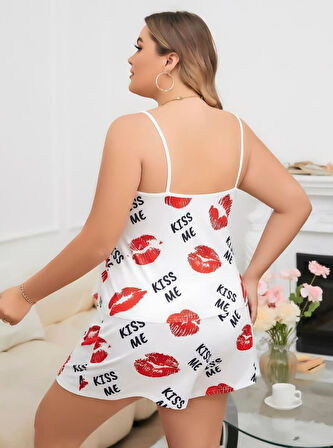 Büyük Beden Kiss Me Öpücük Desen Pamuklu Şortlu Pijama Takımı