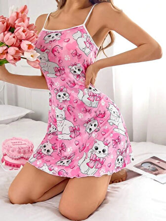 Kadın pembe kedi desenli gecelik