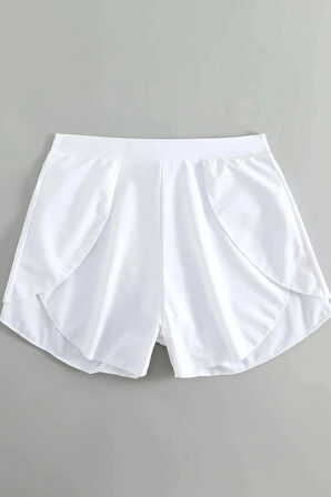 Kadın Beyaz Yırtmaçlı Etek Görünümlü Şık Deniz Şortu