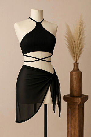 Kadın Siyah Çapraz Bağlamalı Crop ve Pareo 2'li Set