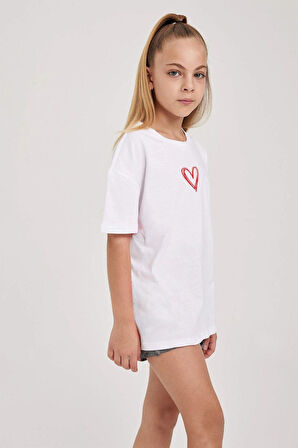 LUNAVISTA Kadın Pempe Kalp Baskılı Oversize T-shirt