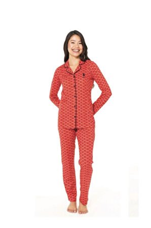 Kadın Kırmızı Pamuklu Lisanslı Çeyizlik Önden Düğmeli Pijama Takımı 20144
