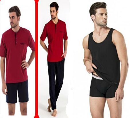 Pierre Cardin Bordo 3lu Pijama Takımı Siyah Atlet Boxer Takım ( 5370-155)