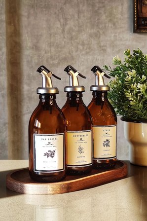 Meftune Oval Ahşap Stantlı Amber Zeytinyağı Nar Ekşisi Sirke Şişesi Yağdanlık 3lü Set 300ml