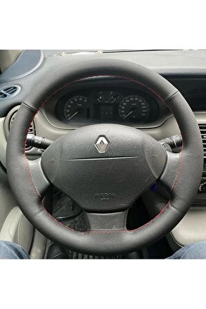 RENAULT MEGANE 1 ÜNİVERSAL UYUMLU DİKMELİ DİREKSİYON KILIFI (DÜZ SİYAH DERİ KIRMIZI İPLİ)