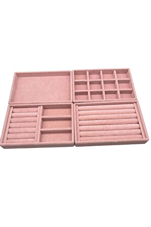 Yerli Üretim Süet Kumaş Pembe Renk 4 lü Takım Çekmeçe İçi Takı Standı