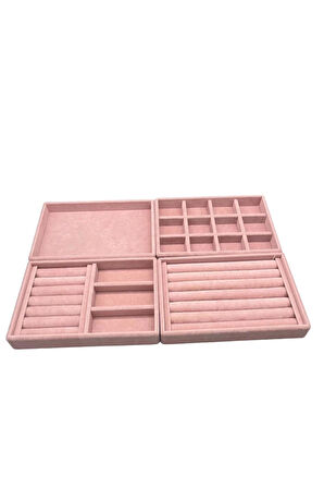 Yerli Üretim Süet Kumaş Pembe Renk 4 lü Takım Çekmeçe İçi Takı Standı