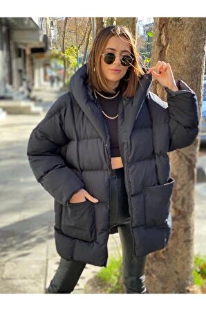 Kapşonlu Oversize Şişme Mont - Siyah