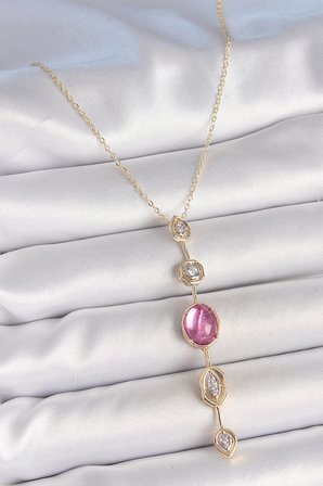 Pirinç Zincir Gold Renk Pembe Zirkon Taşlı Y Kolye - TJ-BKO10228