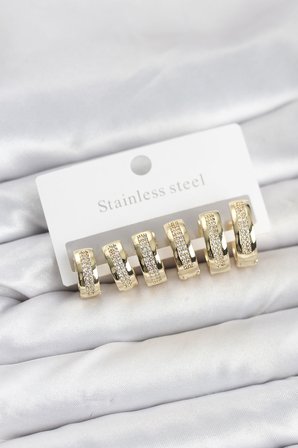 316L Çelik Gold Renk Zirkon Taşlı Halka Küpe Seti - TJ-BKP11526