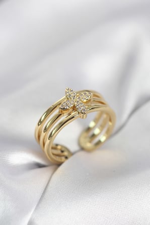 Gold Renk Zirkon Taşlı Yonca Model Kadın Yüzük TJ-BYK4054