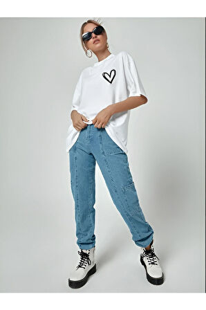 Minimal Kalp Baskılı Kırmızı Oversize Tshirt