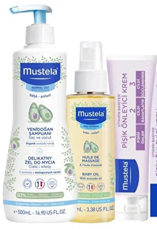 Mustela Favori Günlük Set (Mustela Yenidoğan Şampuanı 500 Ml+Mustela Bebek Yağı 100 ml+Mustela Pişik Önleyici Krem 100 ml)