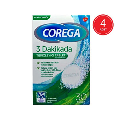 Corega 3 Dakikada Protez Temizleyici Tablet 30\'lu x 4 Paket