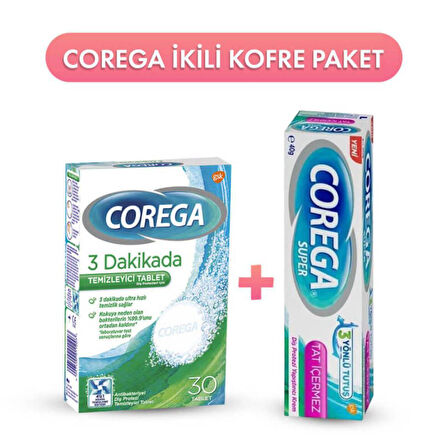 Corega 3 Dakikada Protez Temizleyici Tablet 30'lu + Corega Tat İçermez Diş Protezi Yapıştırıcı 40 G