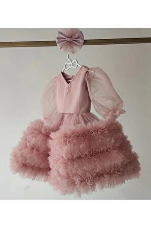 Kız Çocuk Pudra Yaka İşlemeli Fiyonklu Etek Fırfırlı Kabarık Elbise