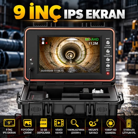 KMT-4040 Profesyonel 40 Metre Kanal Görüntüleme Kamerası – 9 İnç IPS Ekran, Metraj Sayacı ve Ekran Kaydı