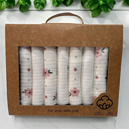 %100 Organik Pamuklu Kız Bebek Ağız Mendili Kutulu 7'li Set
