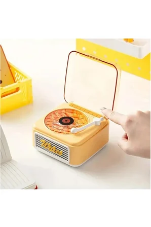 Nostalji Mini Plak Görünümlü Radyolu Bluetooth Hoparlör 3d Ses Dalgası Retro Müzik Plak Sarı