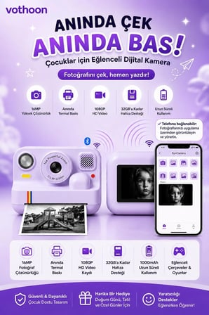 Çocuk Anında Baskılı Fotoğraf Makinesi 16Mp Dijital Kamera 1080P Video Wifi Telefon Destekli