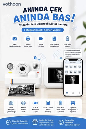 Çocuk Anında Baskılı Fotoğraf Makinesi 16Mp Dijital Kamera 1080P Video Wifi Telefon Destekli
