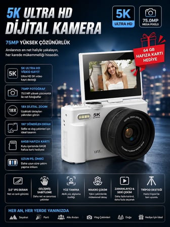 5K 75Mp Hd Dijital Kamera 18X Dijital Zoom, Flaşlı,3.0 İnç Ekranlı Fotoğraf Makinesi