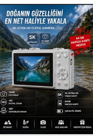 5K 75Mp Hd Dijital Kamera 18X Dijital Zoom, Flaşlı,3.0 İnç Ekranlı Fotoğraf Makinesi