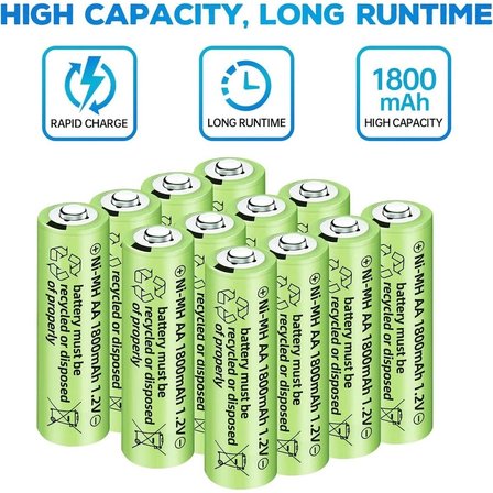 1800 Mah 1.2V Aa Ni-Mh Şarj Edilebilir Pil 12 Adet
