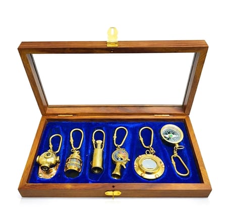 Ahşap Kutulu Denizci Temalı Pirinç Anahtarlık Seti Key-0285