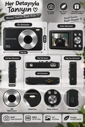 4K Figürlü Çantalı Dijital Video Kamera 44Mp 16X Zoom Işıklı Kart Dijital Fotoğraf Makinesi 64Gb Haf