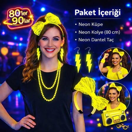 80’Ler 90’Lar Neon Sarı Parti Seti – Kolye Küpe Taç