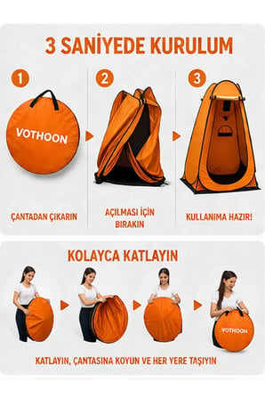 Otomatik Kabin Giyinme Çadırı 120X120X190 Cm Üst Havalandırma Yan Pencereli Duş & Wc Çadırı