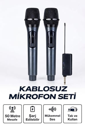 Profesyonel Çiftli Kablosuz Mikrofon Seti Karaoke Şarj Edilebilir 50 Metre