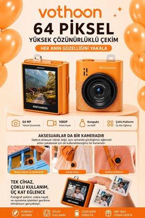 Dijital Kamera 64Mp 16X Digital Zoom 1.4’’Ekranlı Video Kamera Taşınabilir Tasarım Turuncu