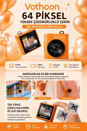 Dijital Kamera 64Mp 16X Digital Zoom 1.4’’Ekranlı Video Kamera Taşınabilir Tasarım Turuncu