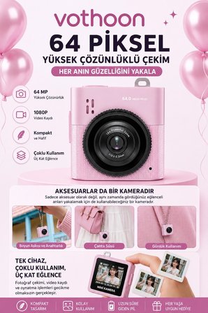 Dijital Kamera 64Mp 16X Digital Zoom 1.4’’Ekranlı Video Kamera Taşınabilir Tasarım Pembe
