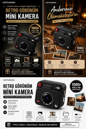 Nostaljik Tasarımı Görünüm Kare Foto Video Kamera Full 32Gb Kart Hediyeli