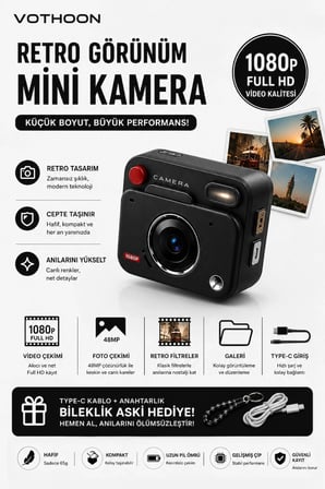 Nostaljik Tasarımı Görünüm Kare Foto Video Kamera Full 32Gb Kart Hediyeli