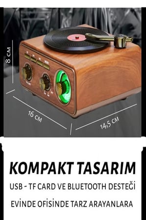Nostaljik Tasarım Plak Çalar Görünümlü Radyolu Hoparlör Müzik Plak Kahverengi