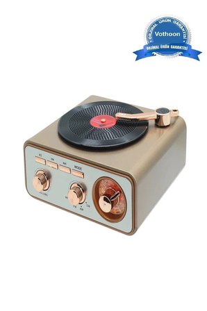 Metalik Nostaljik Tasarım Plak Çalar Görünümlü Radyolu Hoparlör Müzik Plak