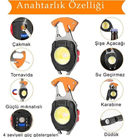 Q-Max Çok Fonksiyonlu Mini Led Lamba Anahtarlık ve Çakmak USB Şarjlı Kamp İçin Taşınabilir Tam 7 Modlu