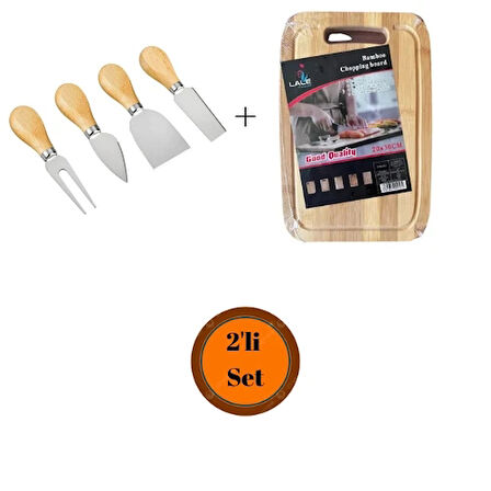 Bambu Kesme Tahtası+Ahşap Saplı Peynir Bıçağı Seti