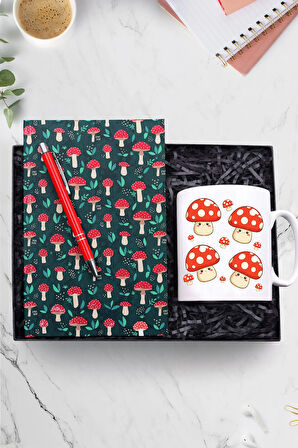 Mantar Desenli Defter & Mantar Baskılı Kupa & Gümüş Renk Detaylı Kırmızı Tükenmez Kalem Hediye Seti