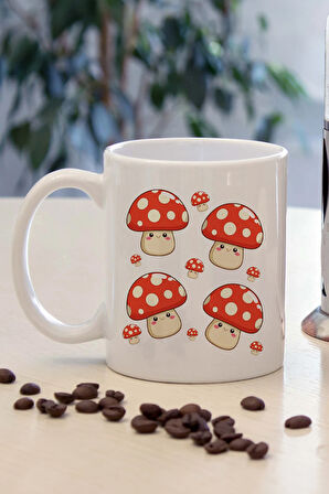 Mantar Desenli Defter & Mantar Baskılı Kupa & Gümüş Renk Detaylı Kırmızı Tükenmez Kalem Hediye Seti