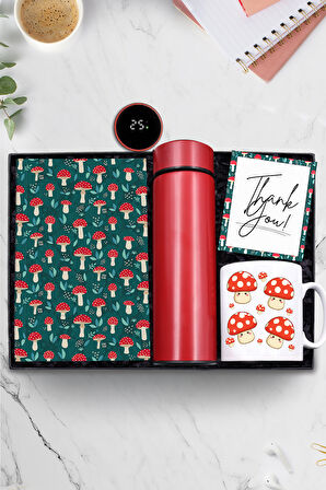 Mantar Desenli Defter & Mantar Baskılı Kupa & 500 Ml Kırmızı Dereceli Termos Hediye Seti