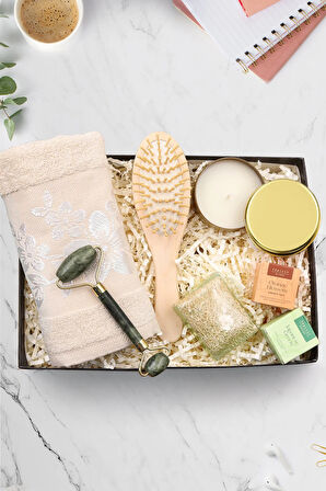 Gold Metal Mum & Havlu & Yeşim Taşı Yüz Masaj Aleti & Sabun & Tarak & 2'li Bitki Çayı Hediye Seti
