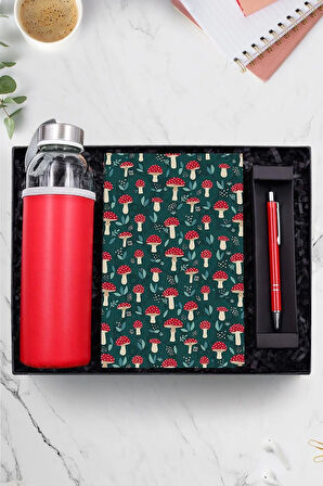 Mantar Defter & Kırmızı Tükenmez Kalem & Özel Deri Kılıflı 500Ml Kırmızı Matarası Seti
