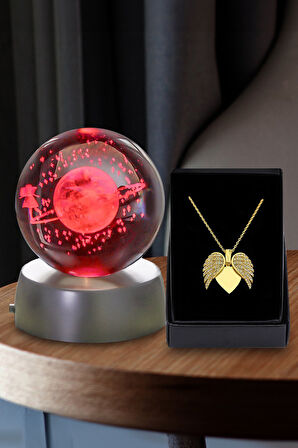 Melek Kanatlı Kolye & 3D Samanyolu Temalı Satürn Kız Işıklı Cam Küre Hediye Seti